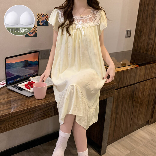 
Xiangyaxin summer chest pad short-sleeved nightgown for women woven cotton 2024 new summer sweet princess style home clothes pajama thin 9901-1 striped bear L