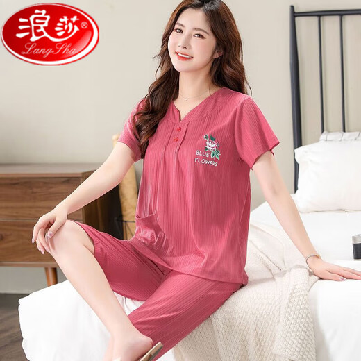 浪莎中老年妈妈睡衣女士夏季纯棉短袖七分裤大码夏天可外穿家居服套装 TF3937 M [建议80-95斤]
