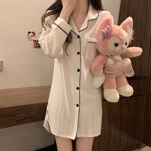 Le Xibei long-sleeved nightgown for women, small home clothes 2025 681# elegant white lapel skirt (version) 175 L (95-110Jin[Jin equals 0.5 kg])