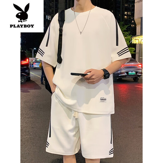 Playboy (Playboy) Casual Sports-Anzug Herren Sommer Neues loser Ice Silk-Kurzärmel-T-Shirt für Männer mit hübschen Shorts fks653 Weißer Anzug M.