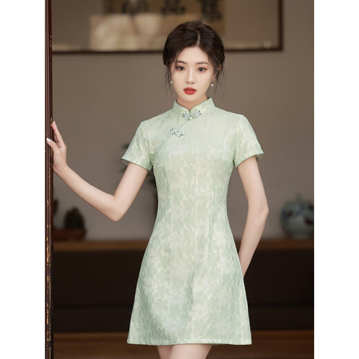 皮尔卡丹【1944人收藏】绿色旗袍新款2025新式改良年轻款少女夏季小个子短 浅绿1276 S