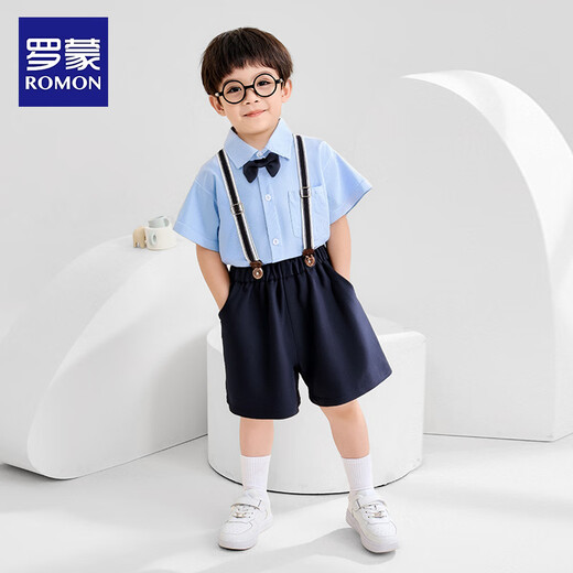 罗蒙男童小西装背带套装男宝周岁生日花童礼服儿童演出服 藏青色120