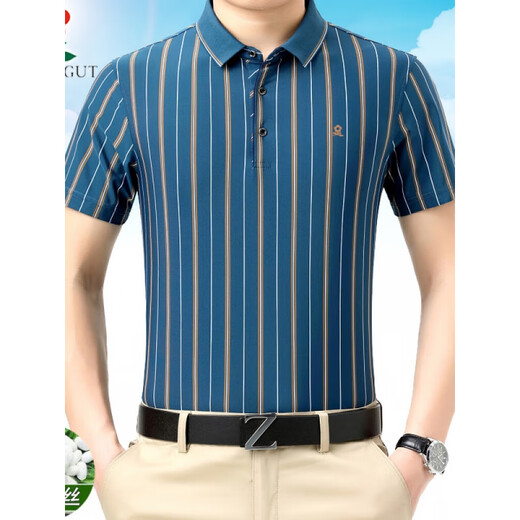 梦特娇短袖T恤男士2025夏季薄款桑蚕.丝休闲冰感条纹翻领polo.衫男 水绿Y829 M 165(建议100-115斤)