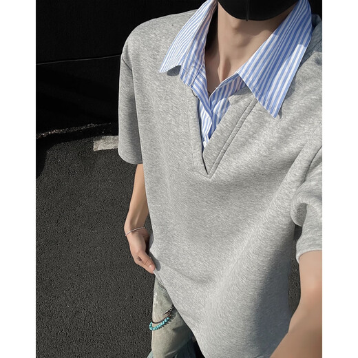 Poum T-shirt à manches courtes pour hommes NOUVEAU COF MIME COOL-ZIPPE FAUX COLS POLO STRIFIÉS DE TWO-PIE