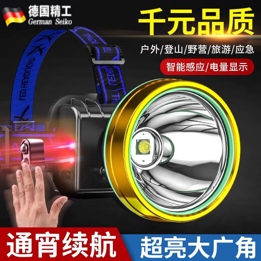 MDNG德国进口头灯强光感应矿灯充电远射超亮头戴式手电筒户外夜钓鱼专 可感应9900W白光待机100小时【带