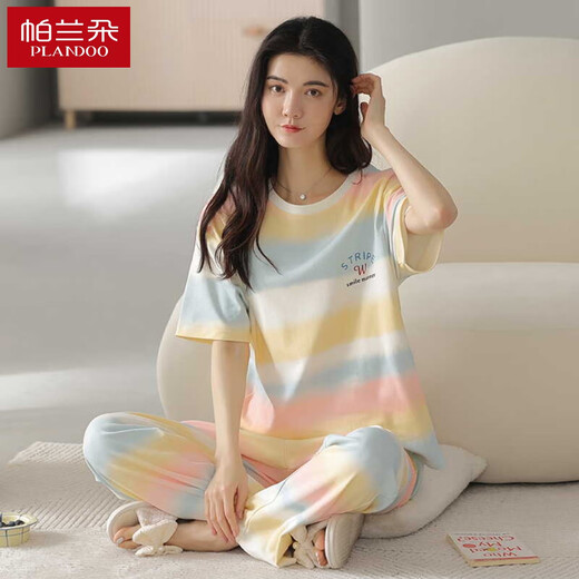 浪莎2025年睡衣女春夏季纯棉短袖长裤薄款韩版可爱彩虹撞色家居服套装 Z9712 M码[建议80-100斤穿] 均码