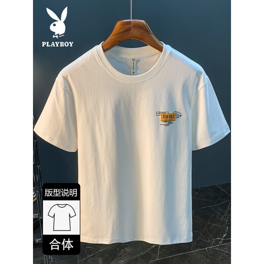 Playboy (Playboy) Camiseta blanca Summer de verano Nuevo tendencia de alta gama Camiseta impresa Luz americana de lujo Xinjiang Algodón cómodo Camiseta de manga corta Camiseta de albaricoque [JSW9906 Color de albaricoque elegante] XL Adecuado para 124-140Jin [Jin iguala 0.5 kg]