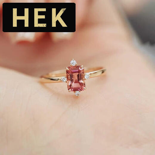 HEK 18K rose gold pink tourmaline ring small octagonal colored gemstone ring set with diamonds 18k gold