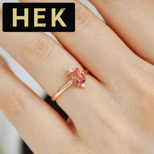 HEK 18K rose gold pink tourmaline ring small octagonal colored gemstone ring set with diamonds 18k gold