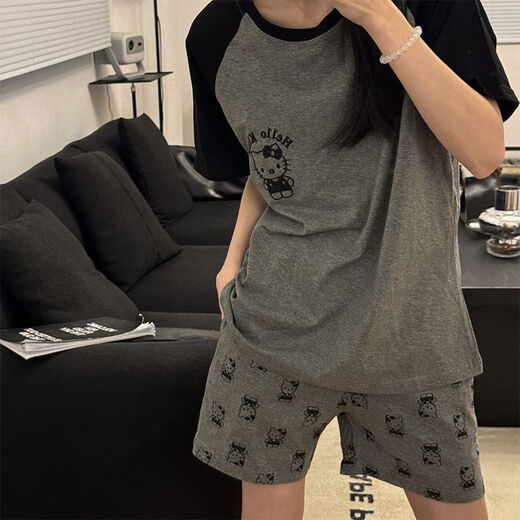 京濮飞夏季短袖卡通甜美大码女睡衣可外穿家居服套装广州十三行 686灰猫咪 均码 4XL码【建议172-200斤】