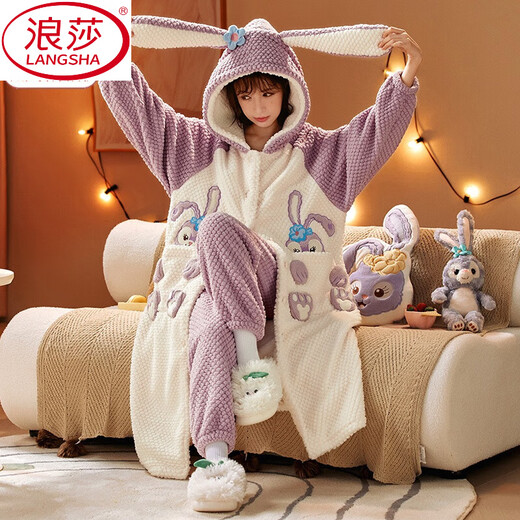 
LangSha’s new nightgown for women in autumn and winter coral velvet plus velvet thickened cute loose winter hooded home clothes pajamas for women 9194 cartoon bear [sleeping gown + pants] XL