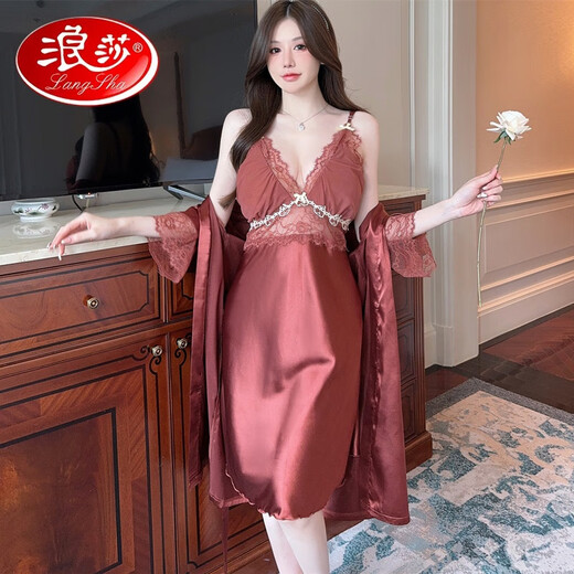 浪莎（LangSha）轻奢夏季冰感短袖睡衣女性感加肥加大码斤胖真丝吊带睡裙两件套 两件套-882锈红 2XL (130-155斤)