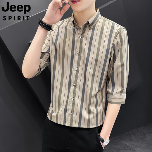 JEEP SPIRIT吉普七分袖衬衫男短袖休闲修身夏季薄款半袖条纹衬衣帅气中袖 679白色 M