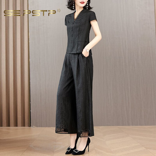 
Xiadian Sutra Queen (SE.PSTP) Xiangyunsha Set Women's 2025 Summer New Style Temperament Slimming Belly Mom's Wide Legs Two-Piece Set Black 1416# XL [101-115Jin[Jin equals 0.5 kg]]