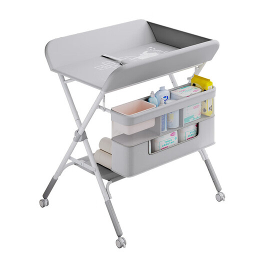 Honeyseed Baby Changing Table Nursing Table Portable Multi-Function Foldable Bath Baby Bed White Fawn-Castle Gray-Lift Type (Storage Basket+