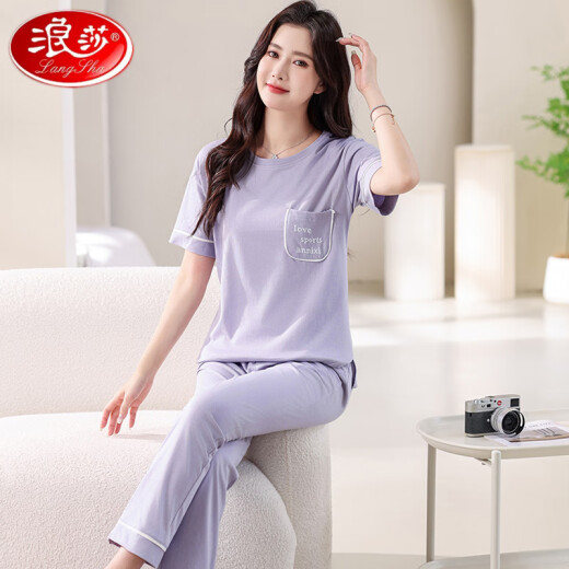 浪莎（LangSha）高档睡衣女薄款2025年新款纯棉短袖长裤家居服套装夏天棉可外穿 7374豆沙粉 M 80-100斤