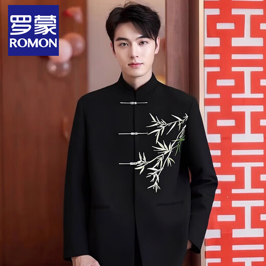 ROMON New Chinese Style Engagement Suit for Men Spring and Autumn New Embroidered Mao Suit Toast Suit Men's Dress Groom's Suit Black Suit XL (161Jin Jin equals 0.5kg -180Jin Jin equals 0.5kg)