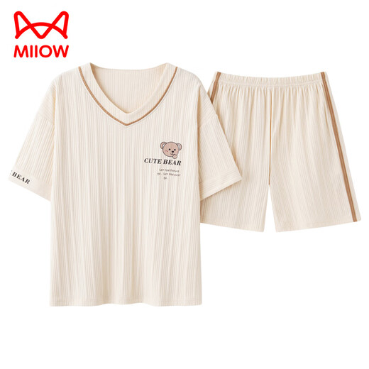 猫人（MiiOW）睡衣女夏季纯棉可爱薄款短袖裤学生两件套装春秋天大码宽松家居服 杏色 GXT6630图色 M (建议75-95斤)