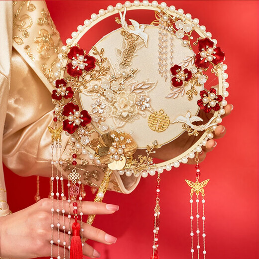 京乐家团扇结婚新婚礼物送新人闺蜜订婚手捧花婚扇中式古风秀禾扇子成品 香槟金【礼盒+扇架】