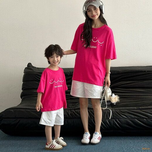 G.duck little yellow duck parent-child wear summer 2025 new style family of three or four full family wear short-sleeved T-shirt suit mother and daughter wear rose red smiling face short-sleeved 150 recommended for 11~12 years old 140-150cm cm