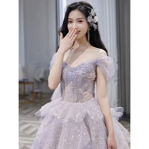 Purple engagement evening dress high-end light luxury niche student day adult ceremony princess dress one-shoulder toast dress bride purple XS