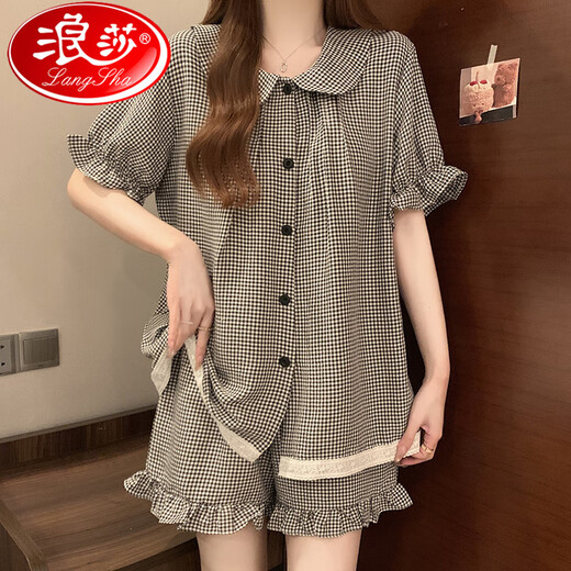 Langsha (Langsha) Pyjamas mit Brustpolster für die Kurzärischung von Frauen in der Kurzärmelung von Tianshi Coton Plaid.