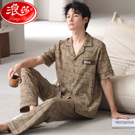 Langsha pure cotton pajamas men's summer short-sleeved trousers cardigan home clothes men's fashionable outerwear suit 2025 new FT#9856-NSN XL