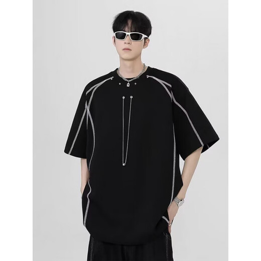 Dan Pretty Summer Contrast Lines Shoulder Pad Short Sleeve Shirt Men's Design Small Neckline 1421 White M