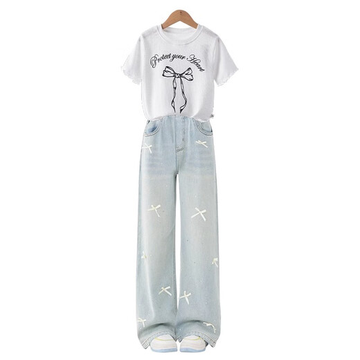 NICKYBABY girls summer suit 2025 new children's summer fashionable casual short-sleeved girls summer Korean jeans 13068 blue + 9981 white 160 cm
