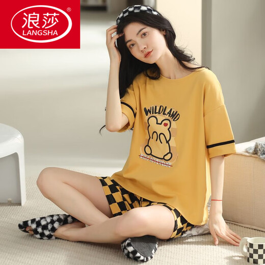 浪莎（LangSha）2025年新款睡衣女夏季纯棉短袖两件套夏天条纹家居服舒适宽松 YZT9853 M 女款 建议80-100斤