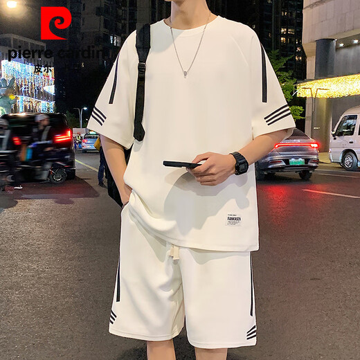Pierre Cardin Ice Silk Casual Anzug Herren Sommer Neues loser kurzärztes T-Shirt und Shorts hübsch mit einem kompletten Sportanzug fks653 schwarzer Anzug m etwa 90-110jin [Jin gleich 0,5 kg] kann getragen werden