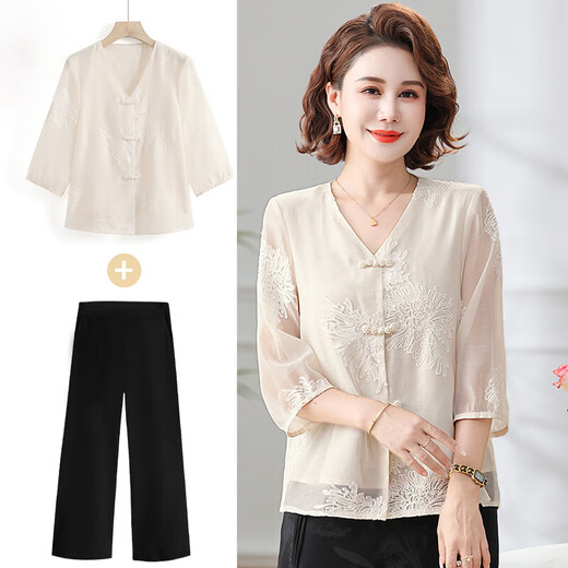 
Yu Zhaolin (YUZHAOLIN) Mother's Day Gift Mom Summer Clothing New Chinese Style Set of Pride Lady New Middle-aged and Elderly Top Chiffon Shirt 829 Beige Top XL Recommended 105 Jin [Jin equals 0.5 kg] or less
