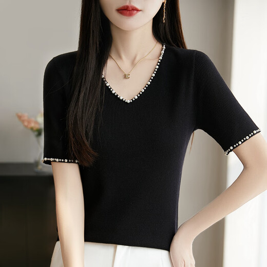 黎依奴（LISLAVE）2025夏季精仿薄款法式V领时尚钉珠短袖针织衫女气质显瘦T恤打底衫 黑色 JXWYTZ2575 M