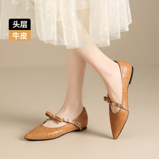 ZHR头层牛皮玛丽珍女鞋百搭时尚饰扣软底浅口单鞋女 S687 杏黄 39