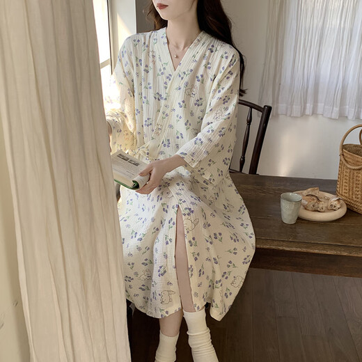 贝逸芙睡袍春秋款女纯棉纱布蜜桃夏季浴袍日式和服浴衣女款睡裙夏款睡衣 QKM671#紫色小花 L
