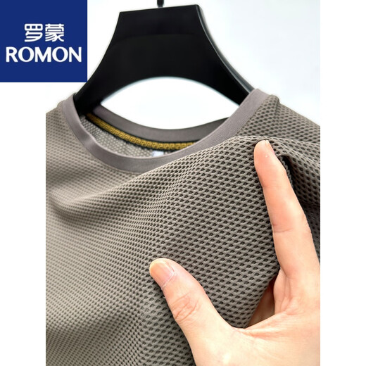 罗蒙（ROMON）冰丝网眼t恤男士短袖圆领夏季冰感透气吸汗速干运动修身体恤上衣 D6188咖色 M