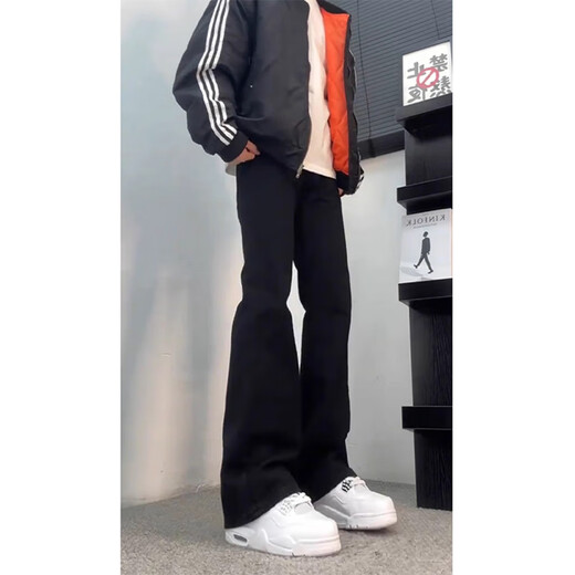 POUM黑色弯刀柳叶牛仔裤男春秋夏季款潮流显瘦美式高街直筒微喇裤子男 DFFS-701黑色 XL