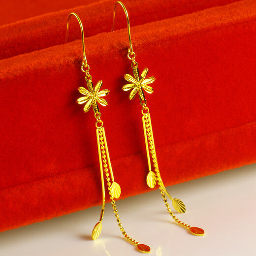 Qianying gold earrings for women, AU750 real gold earrings, 18K gold earrings, wedding jewelry, snowflake long tassels for girlfriend, weighs about 2.28-2.6g (including labor cost 35)