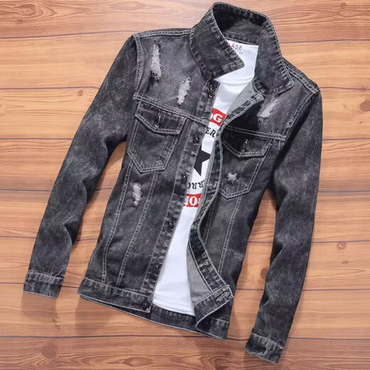 FHHUABD Trendy Brand Retro Jeans Jacke für Männer Frühlings- und Herbst -Druck -Casual -Jacke für Herren Herbst und Winter 2023 Neues Modell 834 Black M 105jin [Jin gleich 0,5 kg] kann unten getragen werden