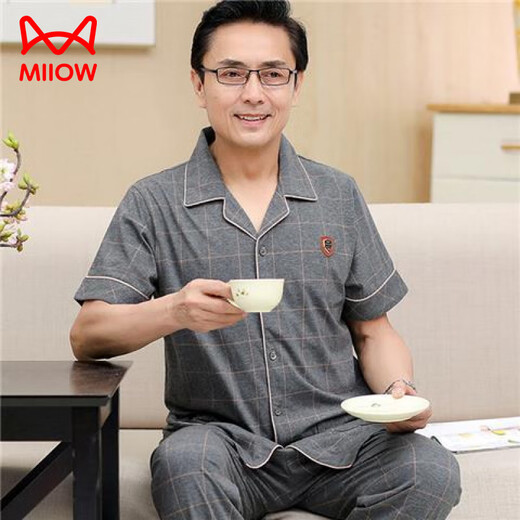 猫人（MiiOW）中年爸爸睡衣男士夏季短袖长裤100纯棉套装老年人加肥加大码薄款 691 L (建议110-130斤)