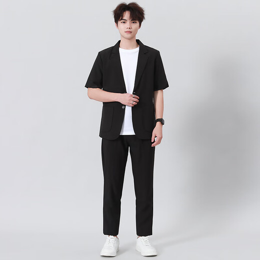 GOKU men's suit summer short-sleeved youth light business suit three-piece college student graduation interview job black short-sleeved suit + white T + black trousers L Weight 120-130 Jin Jin equals 0.5 kg