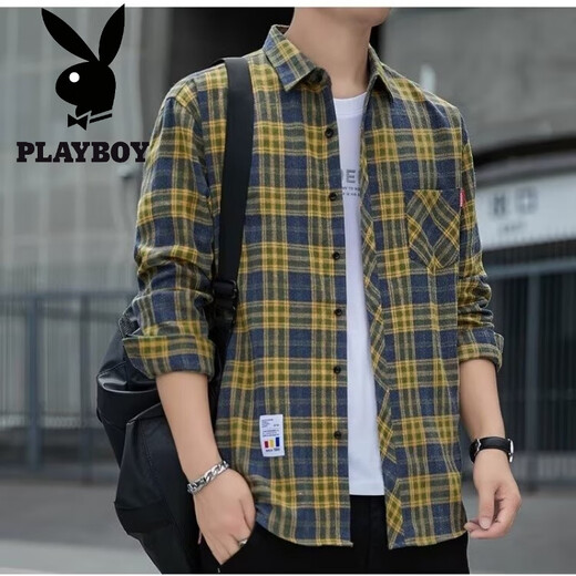 Playboy Plaid Casual Shirt Men's Men's Spring and Automne Shirt Long à manches coréen Top Retro Retro Loose Summer Veste mince K12111 M bleu + K12111 Jaune Blue XL 125-145Jin [Jin est égal à 0,5 kg]