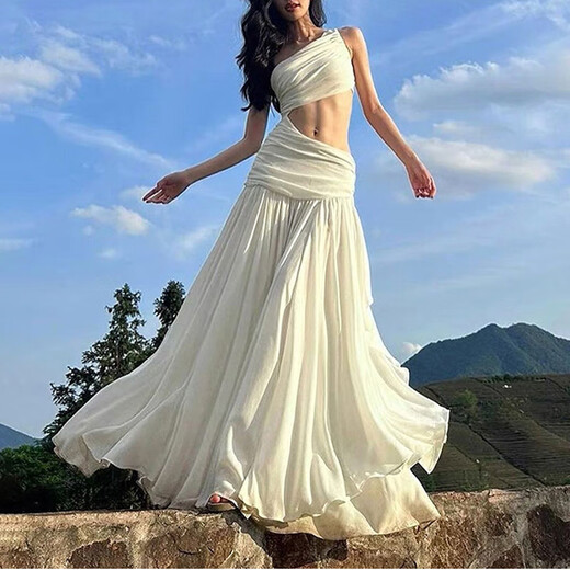 Lekali Französisch Kleid für Frauen am Strand Urlaub Feen-Feen-Rock für Sommer-Off-Shoulder-Taille-exponierte Atmosphäre coole und Nische High-End-Kleid Französisch-Off-Shoulder-Kleid [L ungefähr 110]