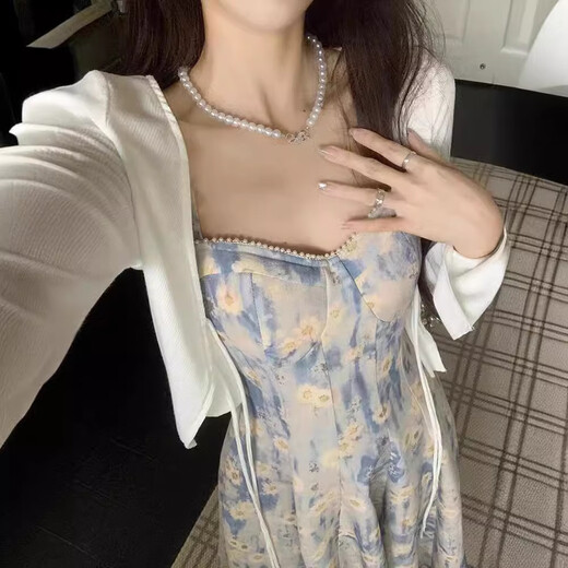 FOX.G碎花吊带连衣裙女裙子2025夏季纯欲气质海边度假新品长裙子两件套 蓝色油画碎花连衣裙两件套 M 【建议105斤以内】