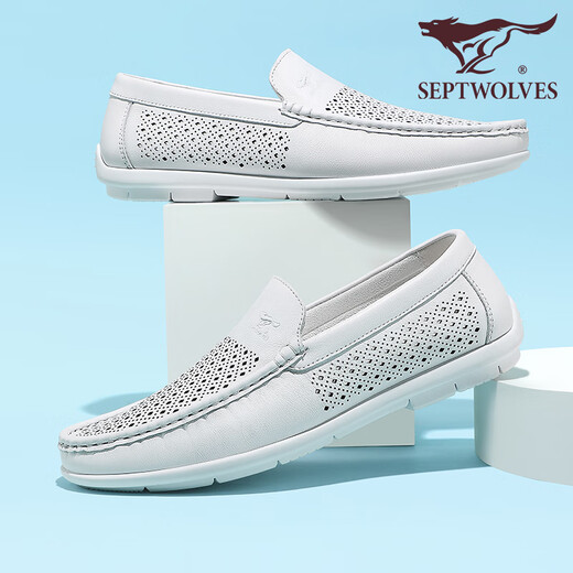 
Seven Wolf men's shoes summer loafers men's one-foot bean shoes hollow breathable business casual leather shoes men's head layer cowhide white 9925 38