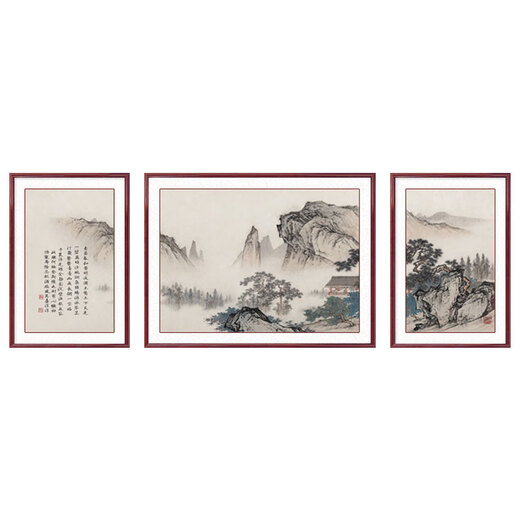 出写望云楼客厅装饰画沙发背景墙挂画国画山水画三联画办公室茶室壁画 759-04款 90*120左右60*90cm 实木框+晶瓷画面