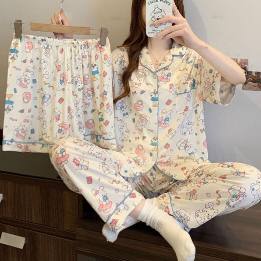 Liushan Pyjamas für Frauen im Sommer neue kurzärmelige Hosen reine Baumwolldünne dreiköpfige süße und niedliche studentische Hauskleidung können außerhalb von FS-14122 Drei-teiliges Set M [75-95] getragen werden