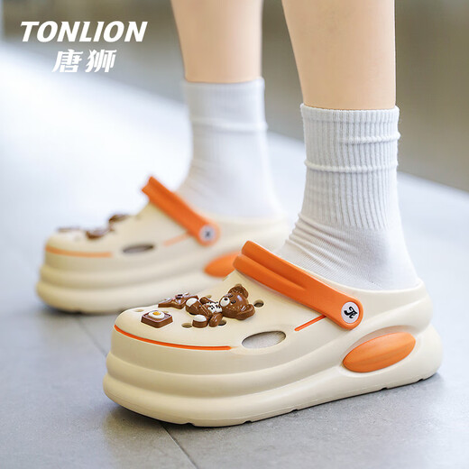 Tang Lion (TonLion) hole shoes for women summer soft-soled sandals for women wearing casual bag-toe sandals thick-soled beach shoes Beige 37-38
