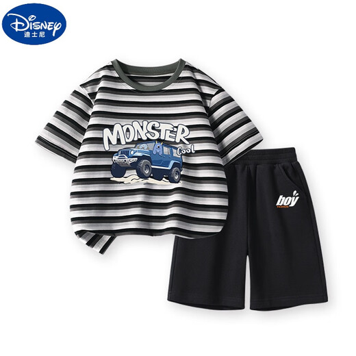 Disney Boys Anzug Sommer Neue Kinder Baumwoll-T-Shirt-Shorts Anzug Big Children's Striped Kurzärmelte-Sporthosen Zweiteiler DDB13688 GRAY + N11762K Schwarz 140 cm Höhe 130-140 cm Alter 8-9 Jahre alt
