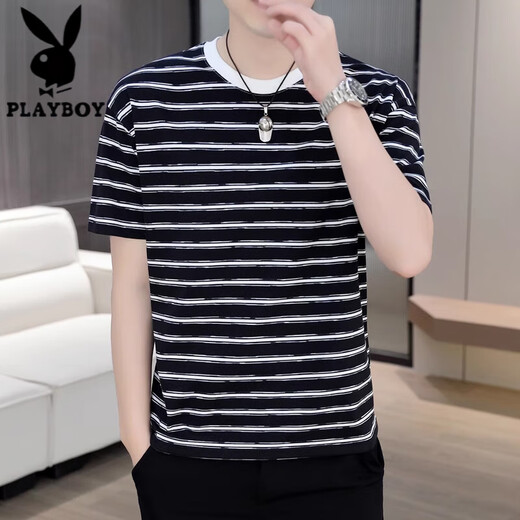 
Playboy (PLAYBOY) striped short-sleeved T-shirt for men summer thin Korean style trendy half-sleeved top casual cool T-shirt for men T 9905 khaki XL [121-140Jin [Jin equals 0.5 kg]]